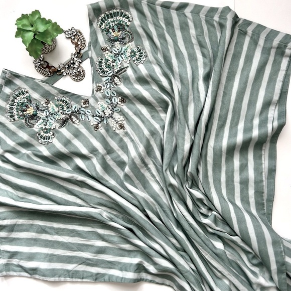 Soft Surroundings Harbor Caftan Kaftan Teal Stripe Beaded Sequin Cover-up Maxi - Picture 2 of 10